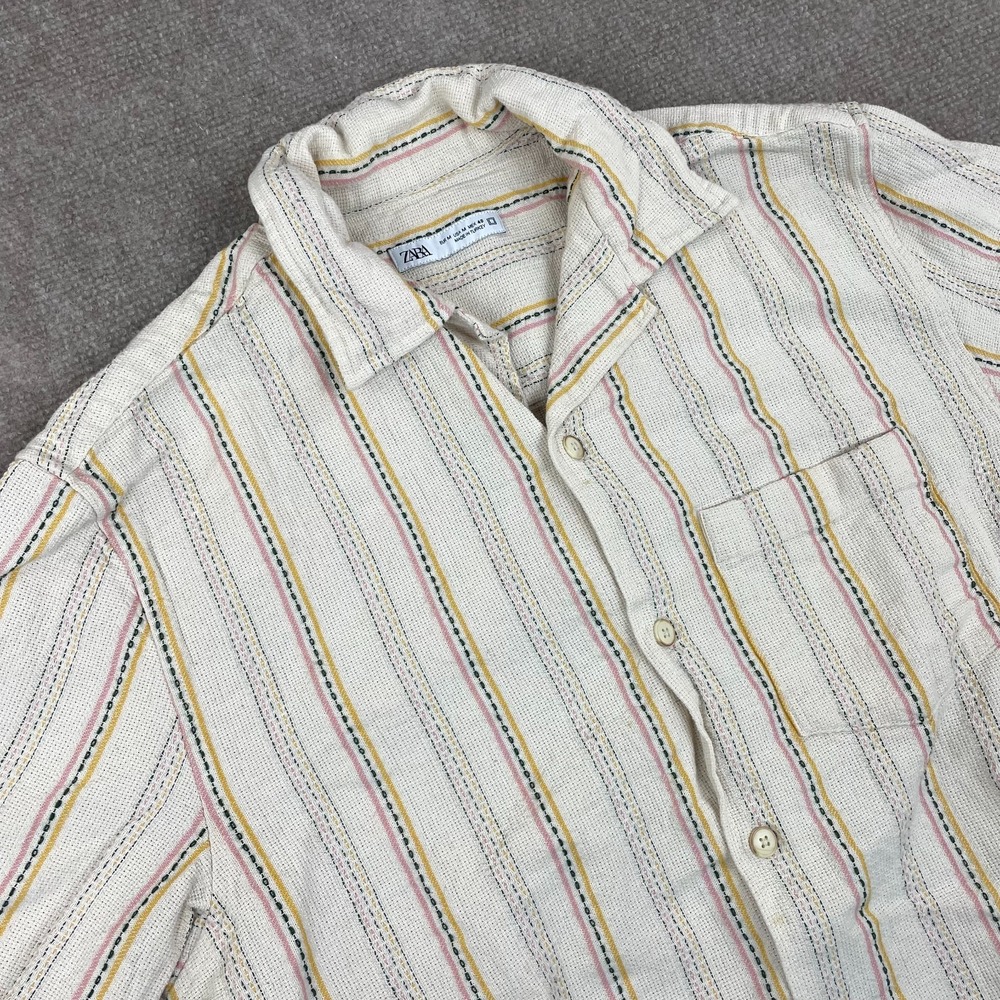 Zara Casual Shirt Mens Medium Multicolor Striped Textured Short Sleeve Button Up